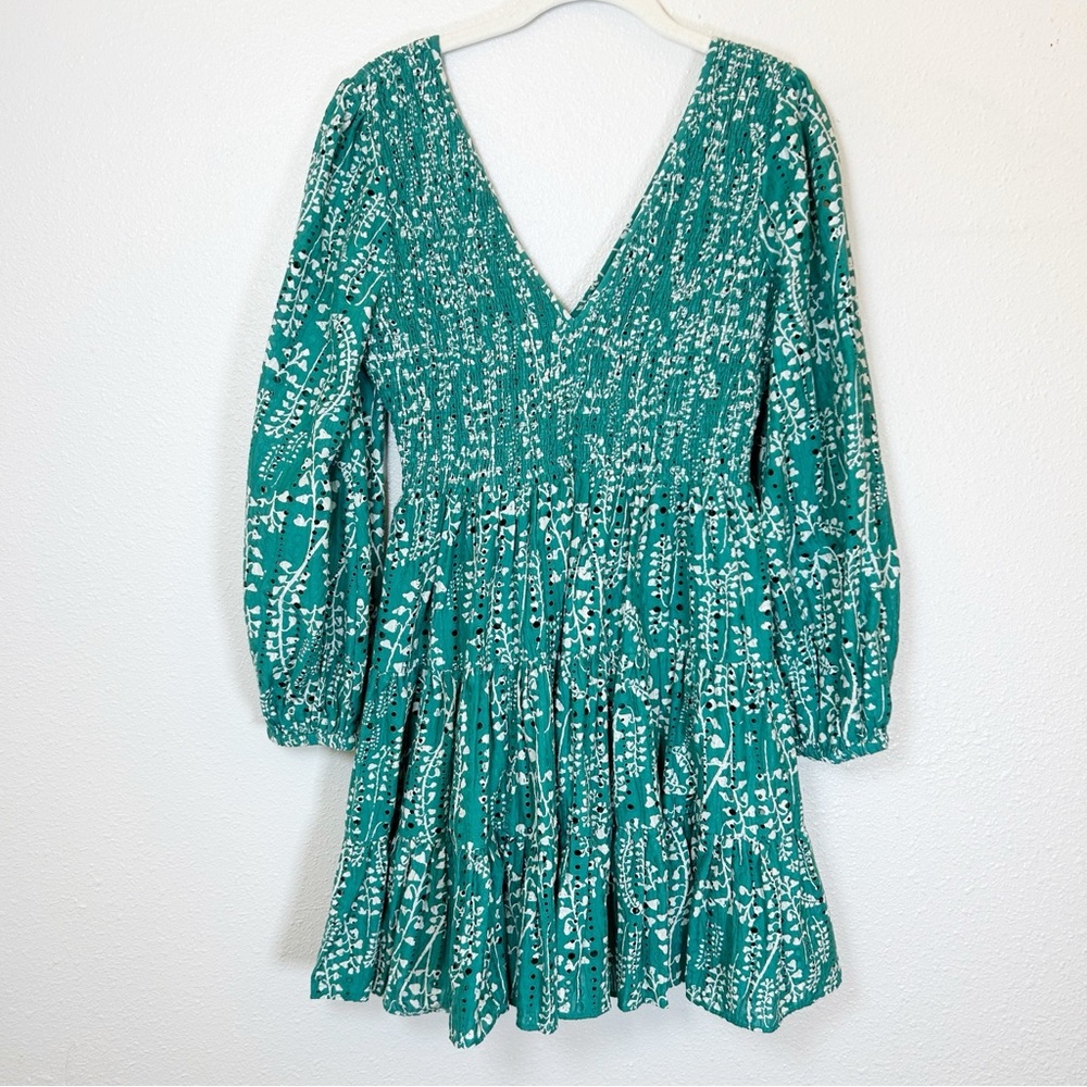 Rixo Sasha Teal Eyelet Mini Dress Small Puff Sleeve Resort Wear Coquette Beach - Picture 3 of 11
